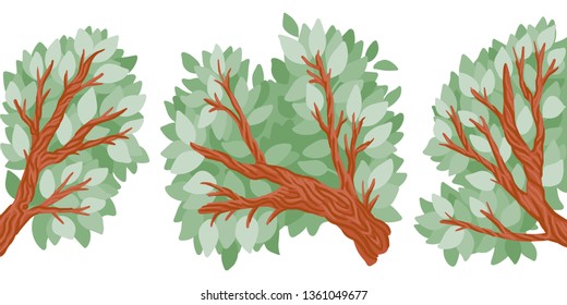 Three vector tree branches. Summer green foliage. Decor elements for your design. Trees in the forest, nature and flora.