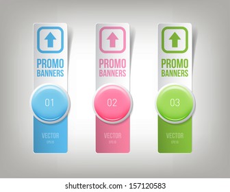 Three vector vertical paper banners with soft glossy round badges, infographic