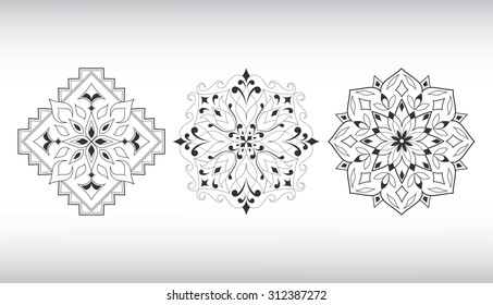 Three vector vintage pattern in Victorian style in shape of a circle. Ornate element for design. Traditional contrast decor. Mandala.