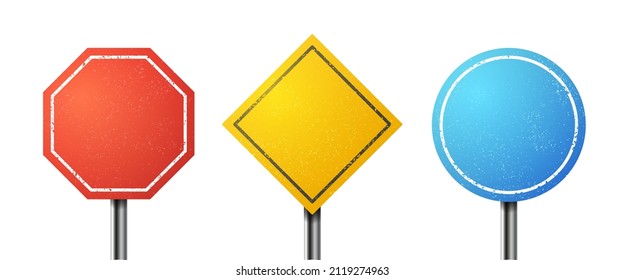 Three vector vintage rough road signs. Red, yellow and blue boards with different form on metal post