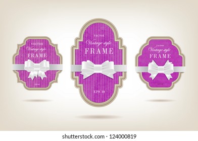 Three vector vintage style cardboard banners with white festive silky bow knots - purple