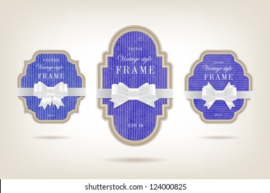 Three vector vintage style cardboard banners with white festive silky bow knots - blue