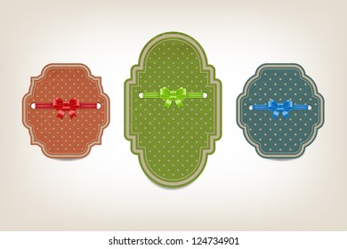 Three vector vintage style cardboard banners with dotted patterns and silky bow knots