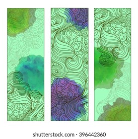 three vector wave hair doodle card watercolor stains