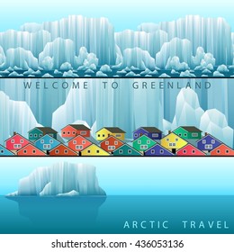 Three vector web banners on the theme of Arctic Greenland or Iceland travel. Landscape with polar colorful town and icebergs.