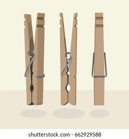 Three Vector wooden cloth pegs pin clothespin on light background  
