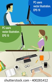 Three Vector Workplace Concept Flat Illustration. Man and Woman Working On Desktop Computer.