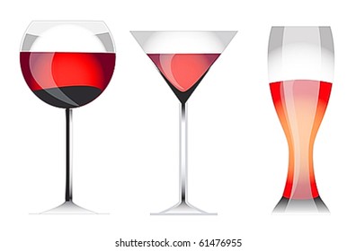 Three vectorial glasses of wine, martini, cocktail and beer with a liquid shades and reflections