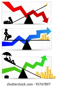 Three vectors from success to failure on a tipping scale.  Business growth concept.  Graph and arrows on separate layer.