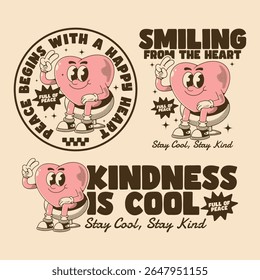 three version of Retro cartoon heart illustration spreading peaceful and joyful vibes