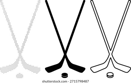 Tres estilos de la versión de palos y de discos cruzados del hockey en blanco y negro aislados en el fondo blanco