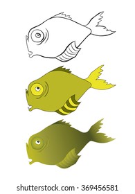 Three versions of a cartoon illustration of deep-water fish: black-and-white sketch, color, gradient