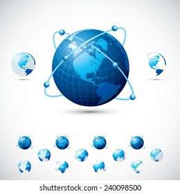 Three versions of Globe vector illustration in Blue color with five different globe side angle.