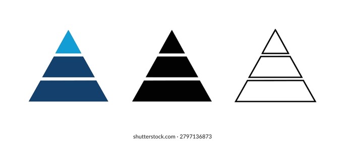 Three versions of a hierarchical pyramid icon with three distinct levels. Features a blue color palette, solid black, and thin line art styles. Ideal for business presentations, marketing infographics, and organizational charts. Professional vector graphics for corporate structure and data visualization needs.