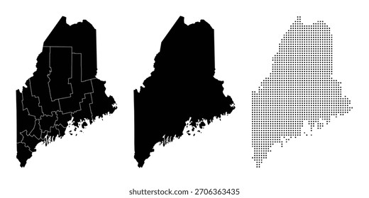 Three versions of the Maine state map displayed in silhouette. Includes one with county borders and one with a dotted pattern. Suitable for educational materials and design projects.