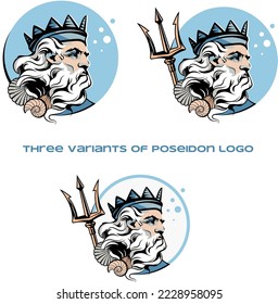 Drei Varianten des Poseidon-Logos mit einem Trident und Muscheln in einem Kreis