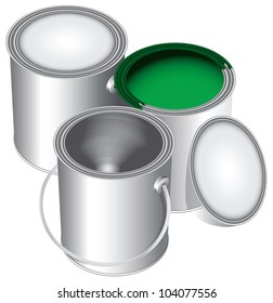 Three versions of standard cans of paint, closed, open and empty with green paint. Vector illustration.