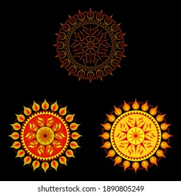 Drei Versionen von Sonnenmandala mit roten, orangefarbenen und gelben Farben auf schwarzem Hintergrund