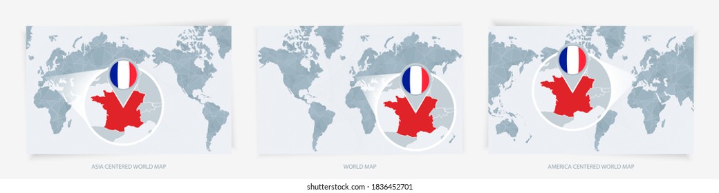 Three versions of the World Map with the enlarged map of France with flag. Europe, Asia, and America centered world maps.