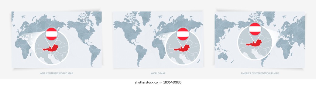 Drei Versionen der Weltkarte mit der erweiterten Karte Österreichs mit Flagge. Europa, Asien und Amerika haben sich auf Weltkarten konzentriert.