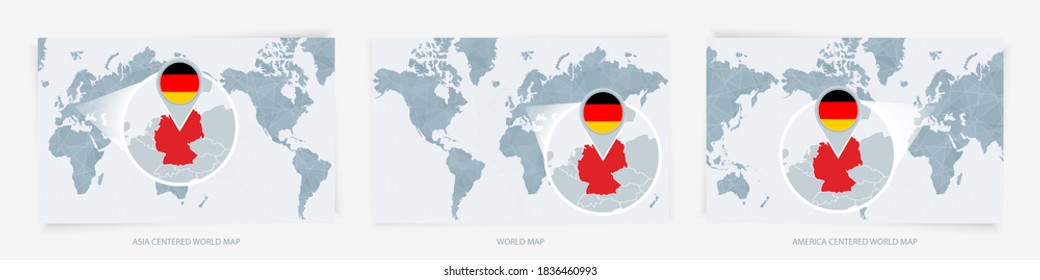 Three versions of the World Map with the enlarged map of Germany with flag. Europe, Asia, and America centered world maps.