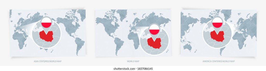 Three versions of the World Map with the enlarged map of Poland with flag. Europe, Asia, and America centered world maps.