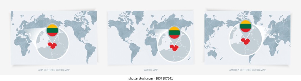 Three versions of the World Map with the enlarged map of Lithuania with flag. Europe, Asia, and America centered world maps.