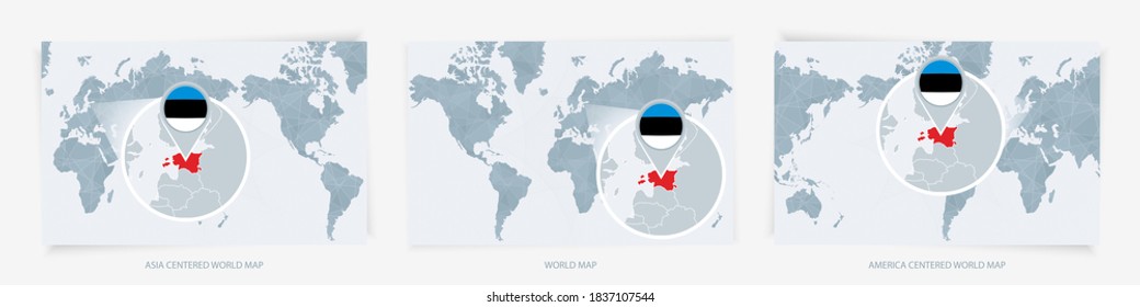 Three versions of the World Map with the enlarged map of Estonia with flag. Europe, Asia, and America centered world maps.