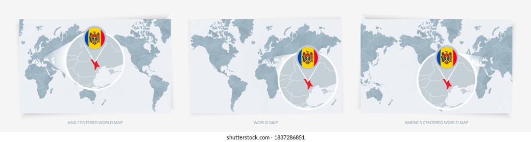 Tres versiones del Mapa Mundial con el mapa ampliado de Moldavia con bandera. Europa, Asia y Estados Unidos centraron los mapas del mundo.