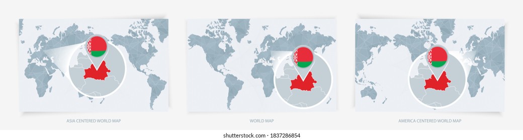 Drei Versionen der Weltkarte mit der erweiterten Karte von Belarus mit Flagge. Europa, Asien und Amerika haben sich auf Weltkarten konzentriert.