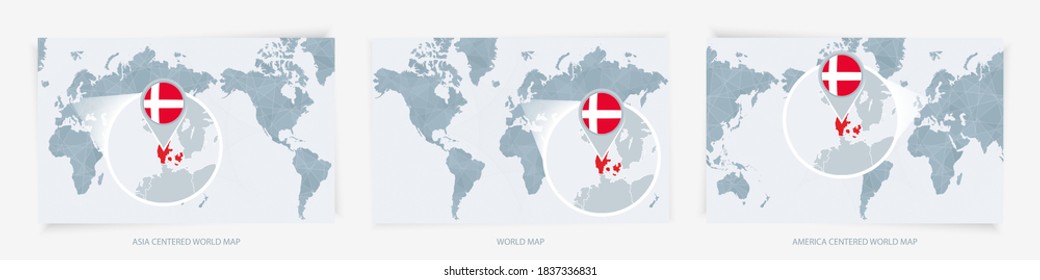 Tres versiones del Mapa Mundial con el mapa ampliado de Dinamarca con bandera. Europa, Asia y Estados Unidos centraron los mapas del mundo.