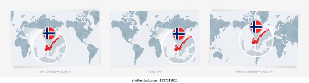 Three versions of the World Map with the enlarged map of Norway with flag. Europe, Asia, and America centered world maps.