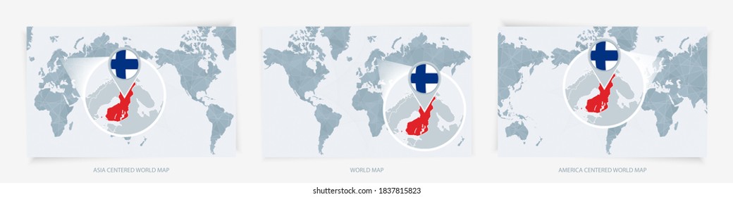Three versions of the World Map with the enlarged map of Finland with flag. Europe, Asia, and America centered world maps.
