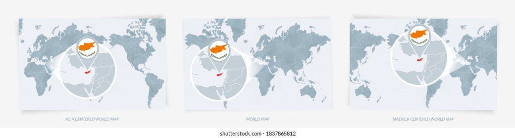 Tres versiones del Mapa Mundial con el mapa ampliado de Chipre con bandera. Europa, Asia y Estados Unidos centraron los mapas del mundo.