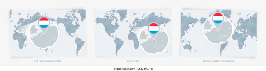 Tres versiones del Mapa Mundial con el mapa ampliado de Luxemburgo con bandera. Europa, Asia y Estados Unidos centraron los mapas del mundo.