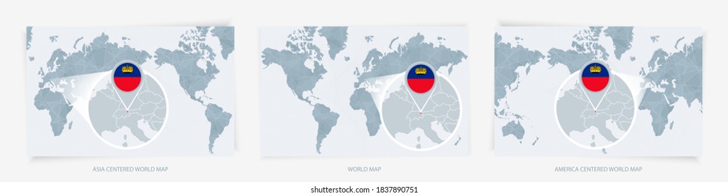 Three versions of the World Map with the enlarged map of Liechtenstein with flag. Europe, Asia, and America centered world maps.