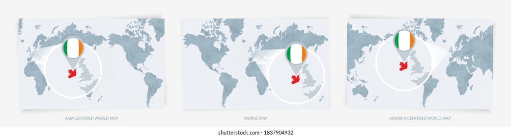 Three versions of the World Map with the enlarged map of Ireland with flag. Europe, Asia, and America centered world maps.