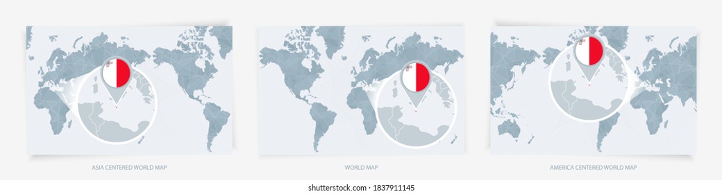 Three versions of the World Map with the enlarged map of Malta with flag. Europe, Asia, and America centered world maps.