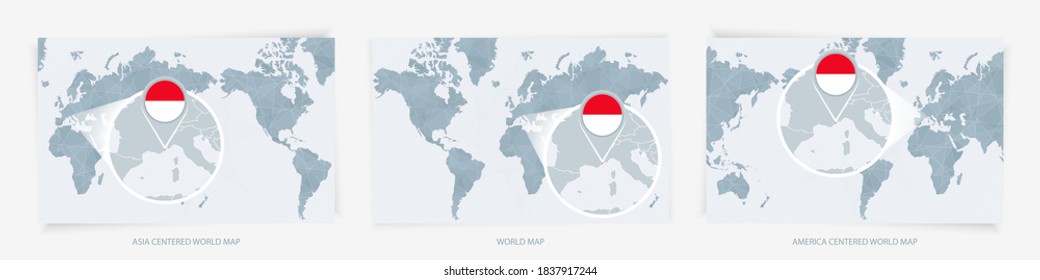 Three versions of the World Map with the enlarged map of Monaco with flag. Europe, Asia, and America centered world maps.