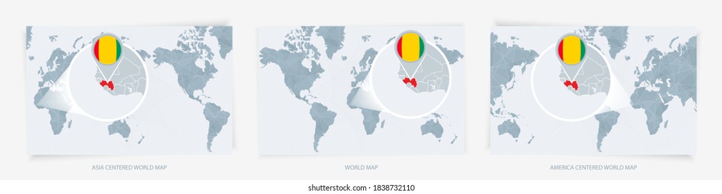 Tres versiones del Mapa Mundial con el mapa ampliado de Guinea con bandera. Europa, Asia y Estados Unidos centraron los mapas del mundo.