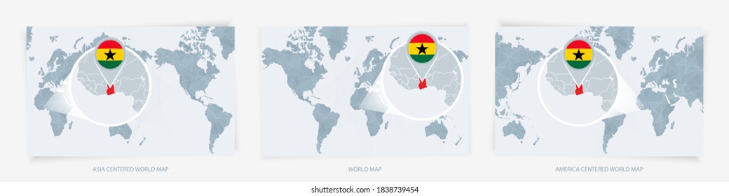 Three versions of the World Map with the enlarged map of Ghana with flag. Europe, Asia, and America centered world maps.