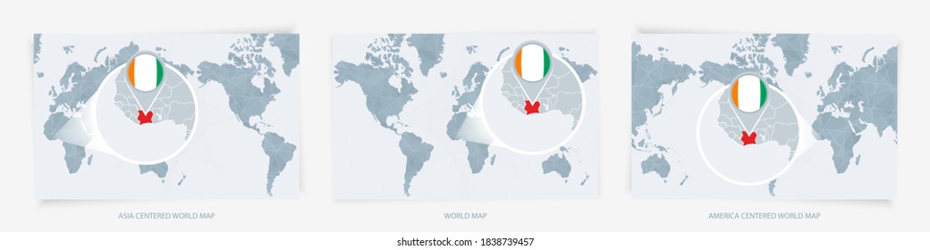 Three versions of the World Map with the enlarged map of Ivory Coast with flag. Europe, Asia, and America centered world maps.