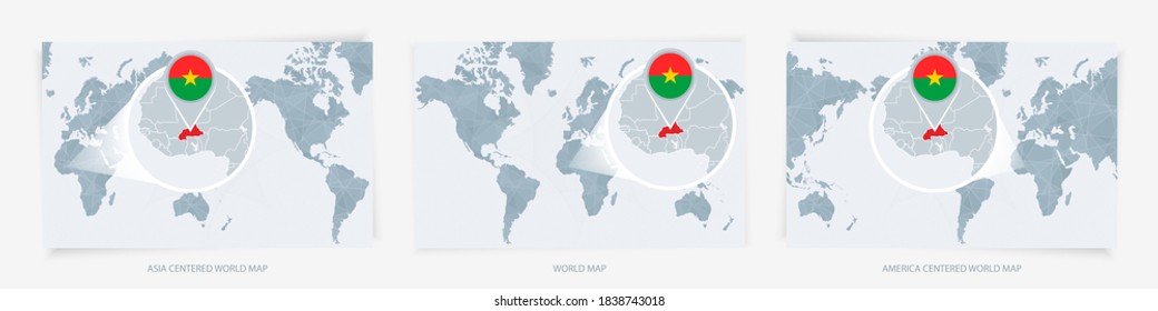 Tres versiones del Mapa Mundial con el mapa ampliado de Burkina Faso con bandera. Europa, Asia y Estados Unidos centraron los mapas del mundo.