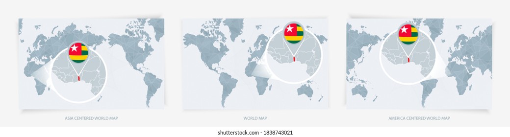 Tres versiones del Mapa Mundial con el mapa ampliado de Togo con bandera. Europa, Asia y Estados Unidos centraron los mapas del mundo.