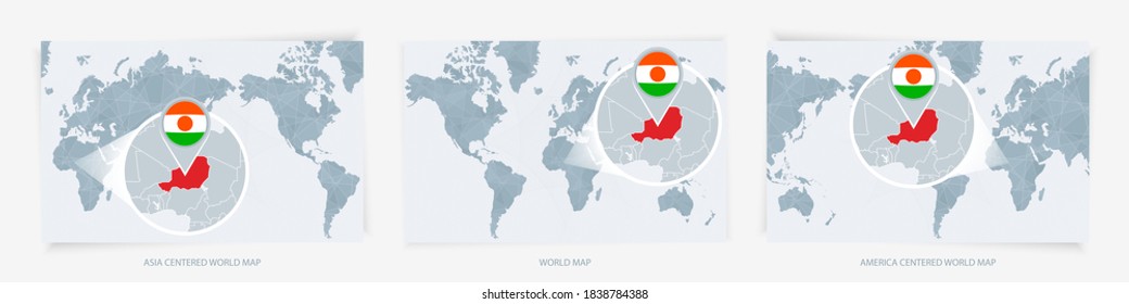 Tres versiones del Mapa Mundial con el mapa ampliado de Níger con bandera. Europa, Asia y Estados Unidos centraron los mapas del mundo.