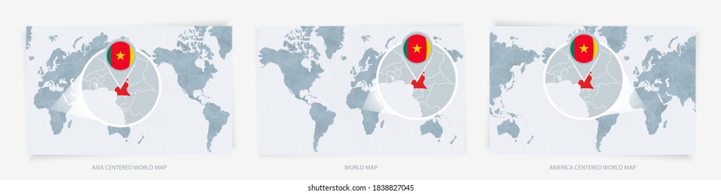 Three versions of the World Map with the enlarged map of Cameroon with flag. Europe, Asia, and America centered world maps.