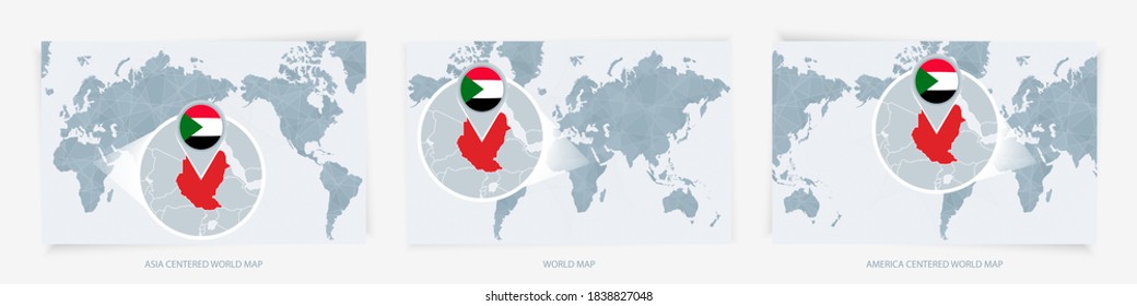Tres versiones del Mapa Mundial con el mapa ampliado de Sudán con bandera. Europa, Asia y Estados Unidos centraron los mapas del mundo.