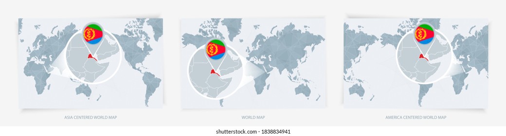 Three versions of the World Map with the enlarged map of Eritrea with flag. Europe, Asia, and America centered world maps.