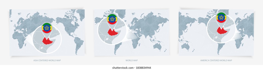 Three versions of the World Map with the enlarged map of Ethiopia with flag. Europe, Asia, and America centered world maps.