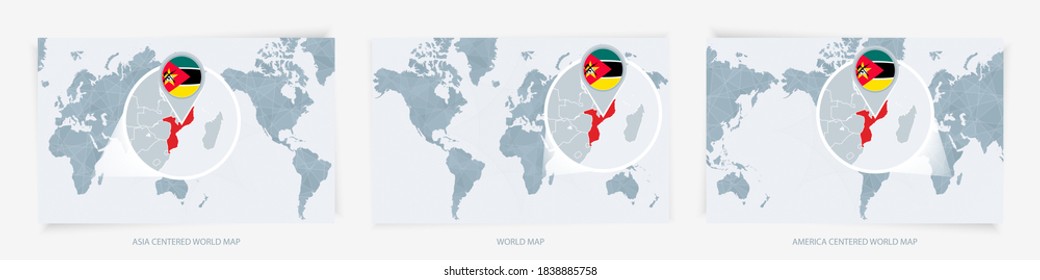 Drei Versionen der Weltkarte mit der erweiterten Karte von Mosambik mit Flagge. Europa, Asien und Amerika haben sich auf Weltkarten konzentriert.
